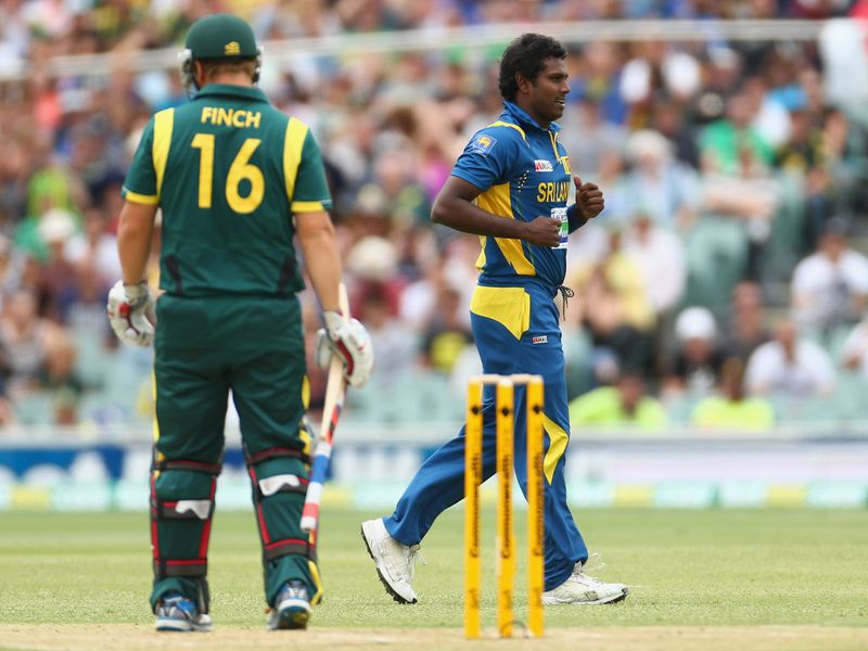 Angelo Mathews struck early to dismiss Aaron Finch for four.