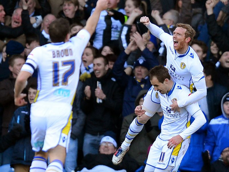Goal joy: Luke Varney (right down) celebrates after scoring with Paul Green (right up) and Michael Brown (left)