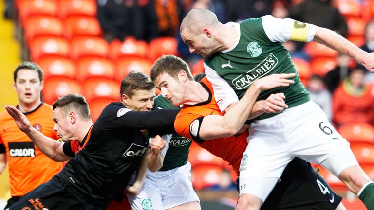 James McPake: Heads home an equaliser for Hibernian