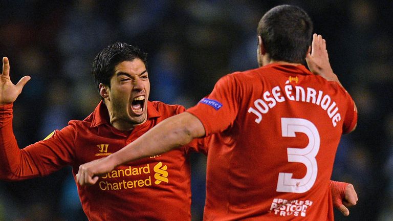 Luis Suarez: Celebrates stunning second goal with Jose Enrique