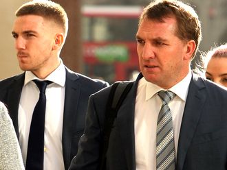 Anton Rodgers (l): With father Brendan in February, when a previous jury was discharged after failing to reach verdicts on all but one count