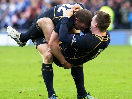 Duncan Weir and Stuart Hogg celebrate
