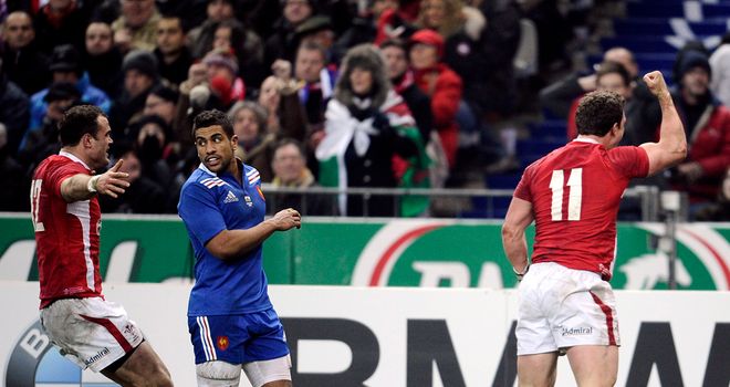 George North celebrates his Paris try - with his dad about to join him...