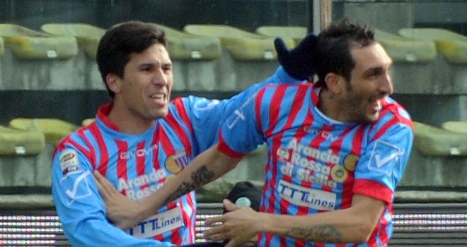 Francesco Lodi celebrates his goal for Catania