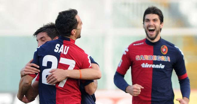 Marco Sau celebrates one of two goals
