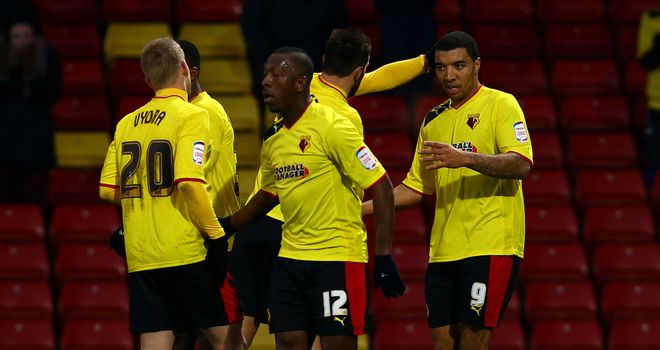 Troy Deeney (far right): Scored twice as Watford beat Blackburn
