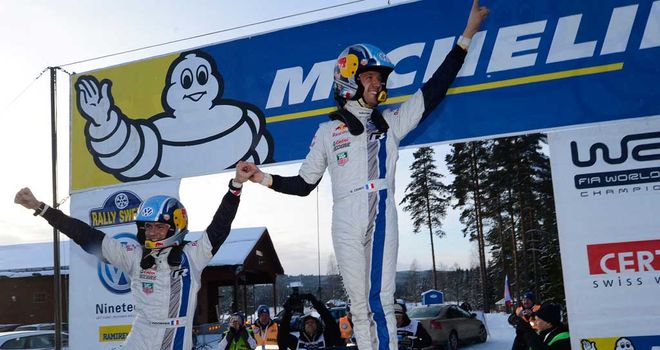 Sebastien Ogier celebrates victory in Sweden