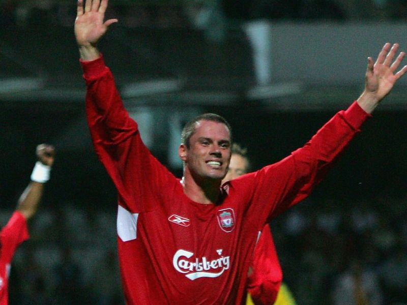 Carragher celebrates a rare goal in a UEFA Champions League qualifying win over Kaunas