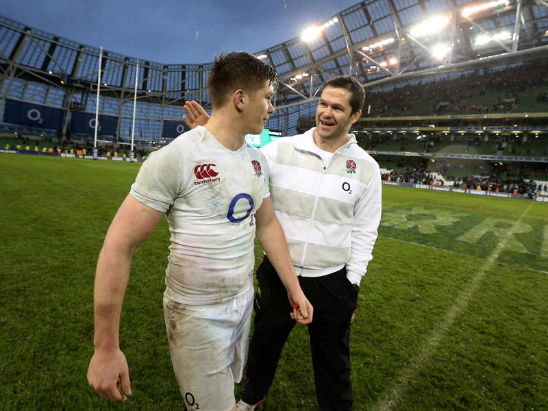 That's my boy: Owen Farrell is congratulated by his father, England assistant coach Andy Farrell