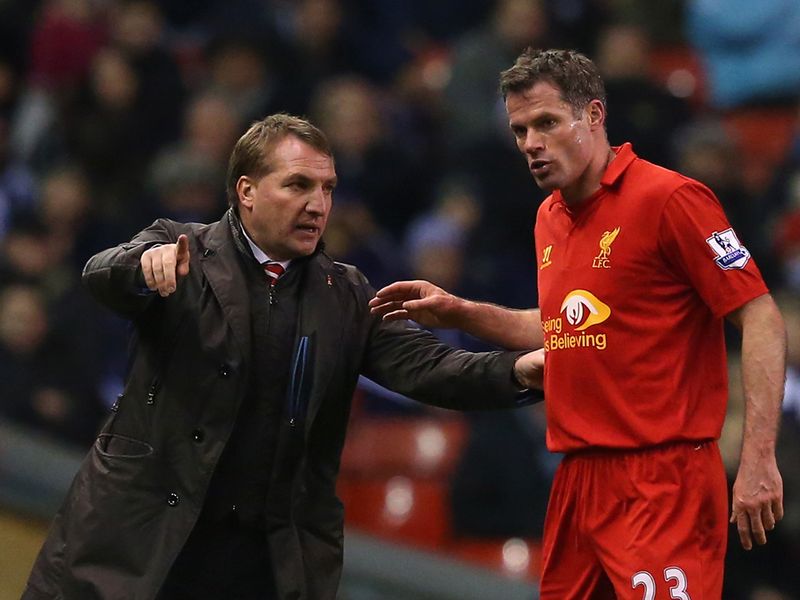 Rodgers gestured to Jamie Carragher as Liverpool looked to carve out the game's opening goal.