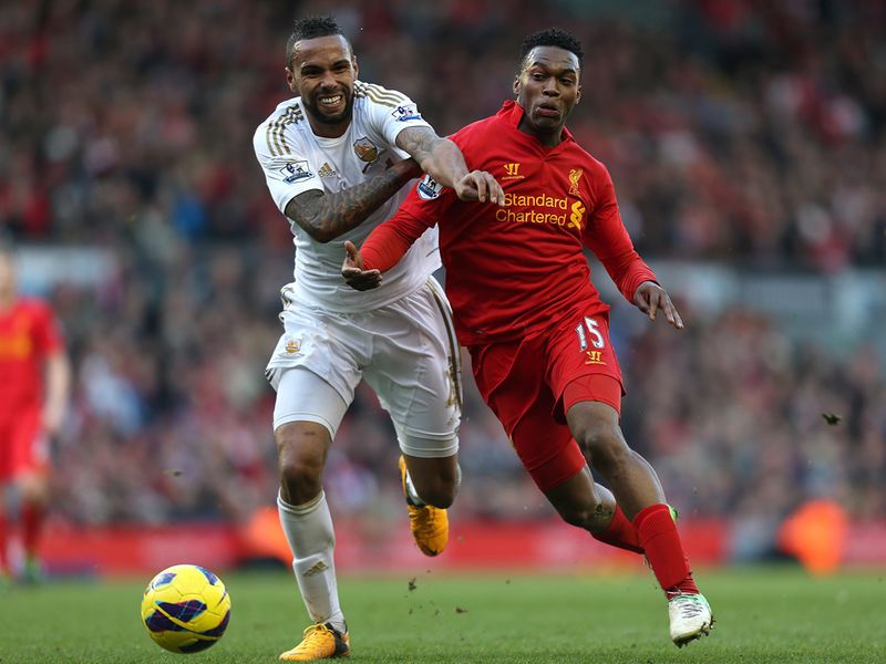 Kyle Bartley and Daniel Sturridge battled for the ball.