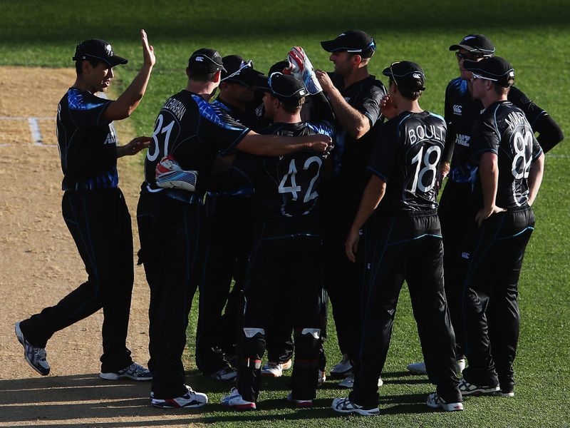 New Zealand celebrated the early wicket of Alex Hales, one of two scalps for Ronnie Hira.