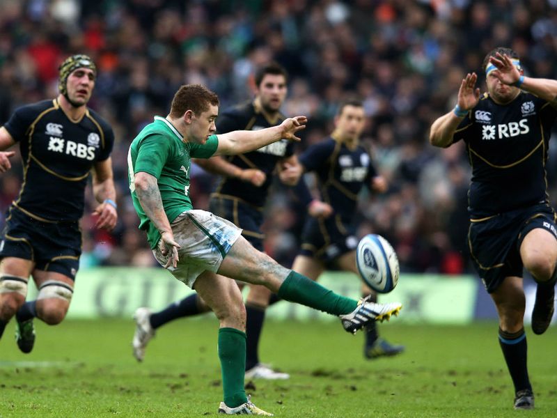 Paddy Jackson clears the ball downfield with a booming kick
