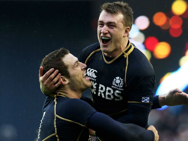 Tim Visser and Stuart Hogg celebrate a remarkable victory