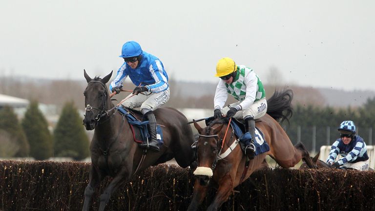 Silver Roque (left) jumps into the lead at the final fence