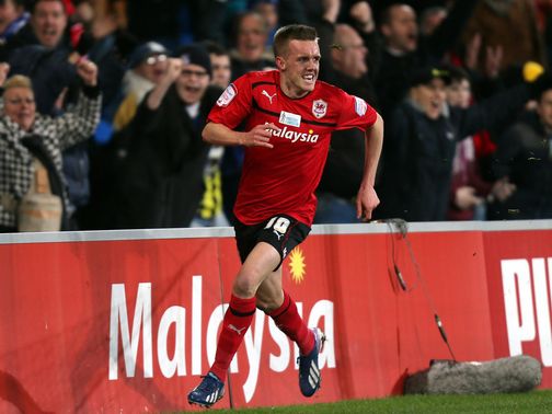 Craig Noone celebrates his equaliser for Cardiff