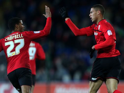 Rudy Gestede celebrates his goal with Fraizer Campbell