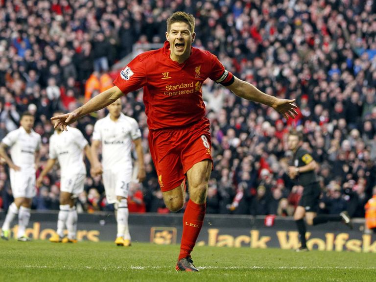 Steven Gerrard celebrates his goal against Spurs