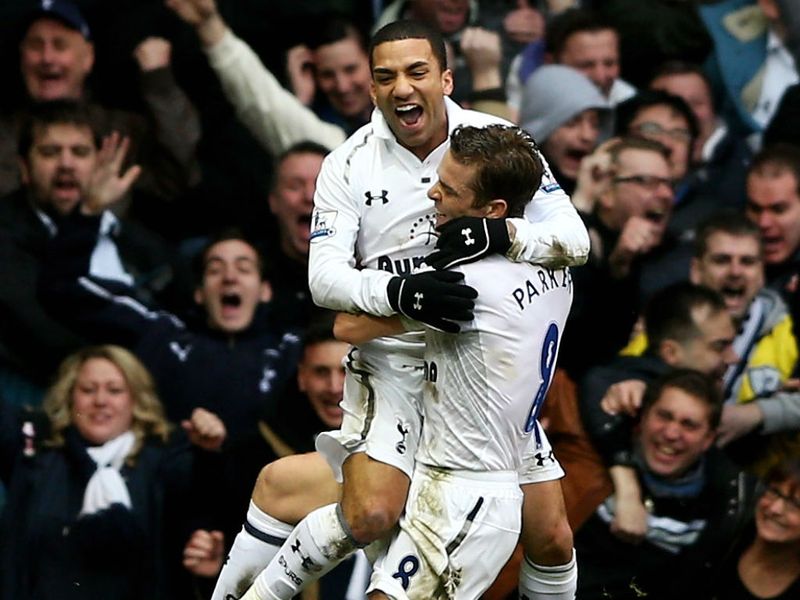 The winger celebrates with team-mate Scott Parker and his adoring home supporters...