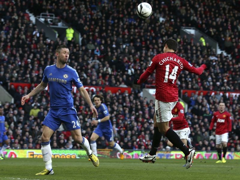 Javier Hernandez guides the ball home to give Manchester United the lead