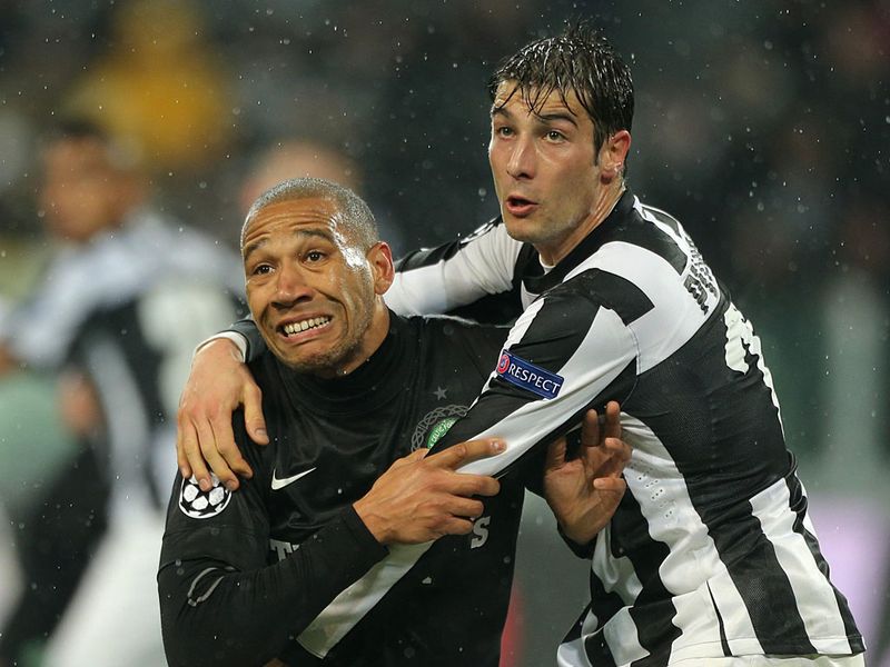 Juventus' heavy-handed marking went unpunished in the first leg and Kelvin Wilson struggles in this exchance with Peluso