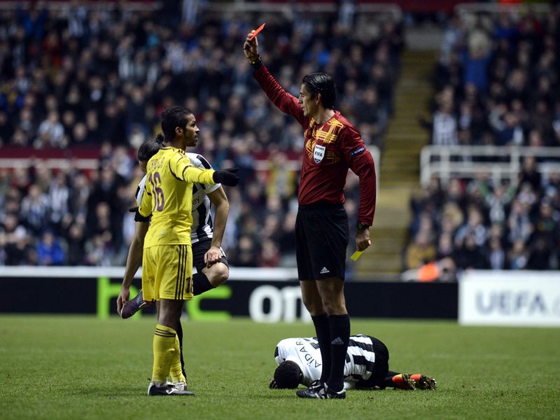 Newcastle's cause is aided by a red card shown to Mehdi Carcela-Gonzalez but it remains 0-0 in the second half