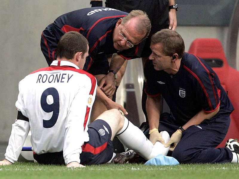 Outstanding form at the tournament is prematurely ended after Rooney suffers a broken metatarsal against Portugal.