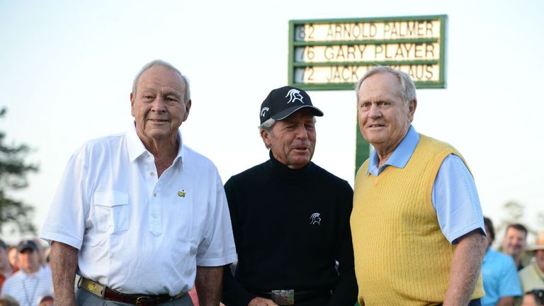 Three Augusta National legends: (L-R) Arnold Palmer, Gary Player and Jack Nicklaus