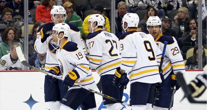 Buffalo Sabres celebrate during their 4-1 win over the Pittsburgh Penguins