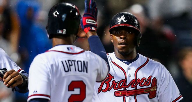 BJ and Justin Upton celebrate as the Braves win