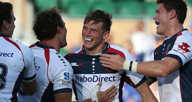 Jason Woodward: Celebrates a try against the Force