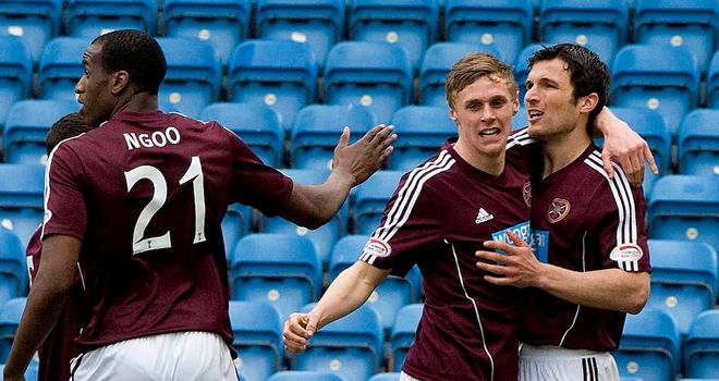 John Sutton: Celebrates after scoring the winner for Hearts at Kilmarnock