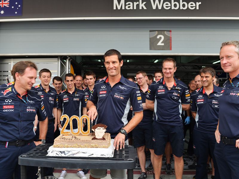 Mark Webber celebrates his 200th Grand Prix start