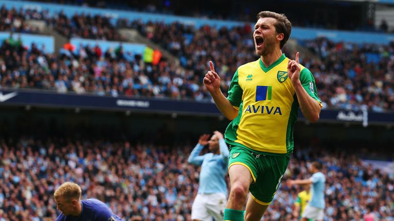 Jonny Howson celebrates the winning goal for Norwich against Manchester City