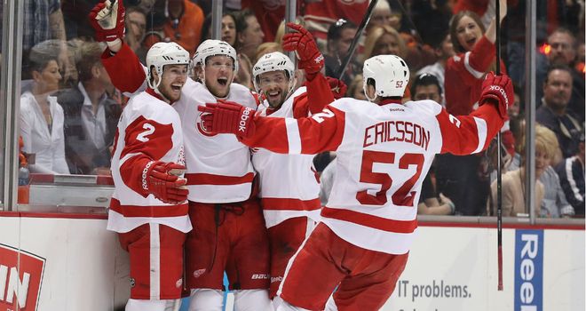Detroit Red Wings celebrate beating the Anaheim Ducks