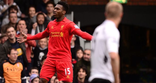 Daniel Sturridge celebrates his first goal of his hat-trick