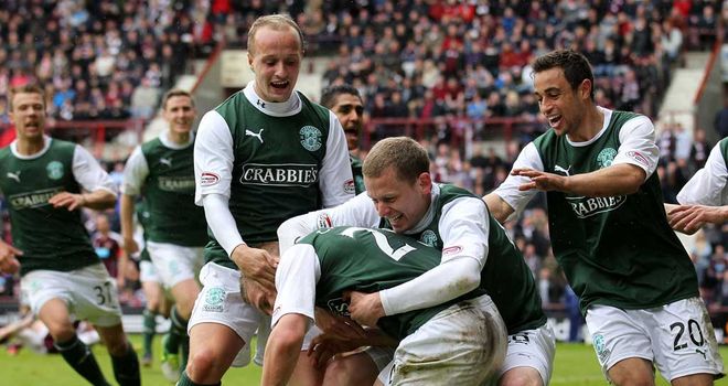 Hibs: Celebrate Ross Caldwell's late winner against Hearts