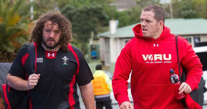 Adam Jones and Paul James prepare for action with Wales in 2011
