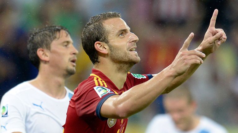 Roberto Soldado: Celebrates after scoring second goal in Spain's 2-1 win