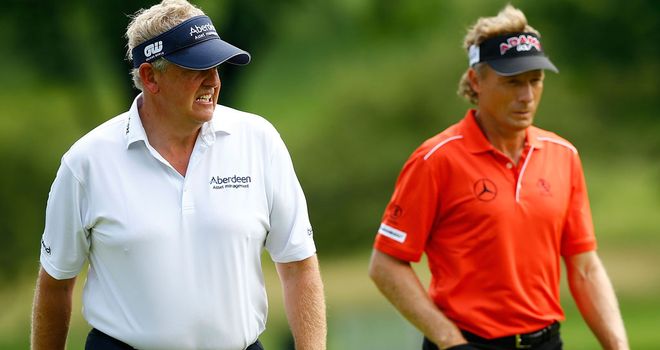 Colin Montgomerie (l) with Bernhard Langer during the opening round of the Senior Players Championship in Pittsburgh