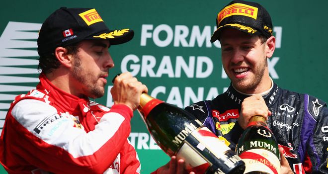 Fernando Alonso and Sebastian Vettel on the podium in Canada