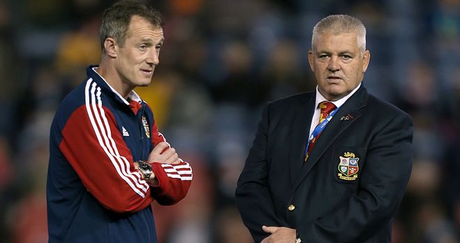 Rob Howley speaks to Warren Gatland following the Lions' win over Combined Country XV