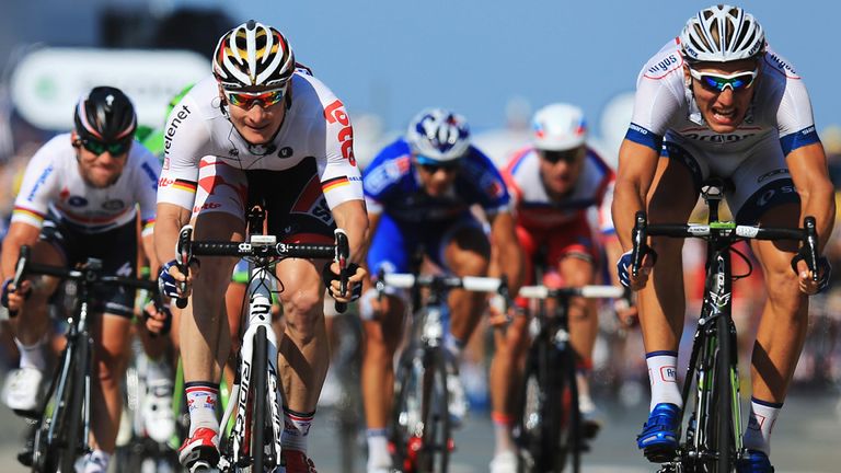 Marcel Kittel, right, beat Andre Greipel, centre, and Mark Cavendish, left