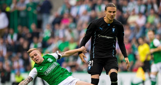 Hibs' Danny Handling battles with Malmo's Erik Jansson.