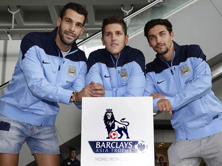 Alvaro Negredo, Stevan Jovetic and Jesus Navas pose for a photo.