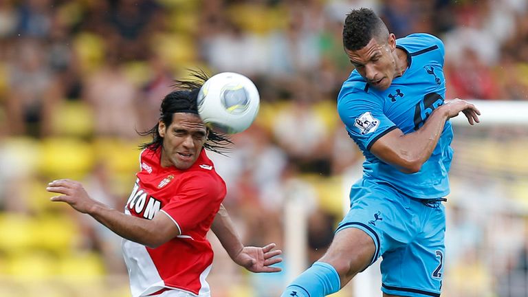 Falcao: Goes up for a challenge with Jake Livermore