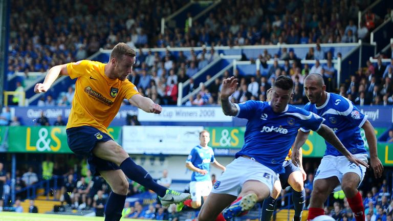 Deane Smalley scores for Oxford at Fratton Park