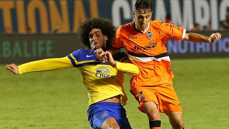 Marouane Fellaini challenges for the ball during Everton's defeat to Valencia in the United States