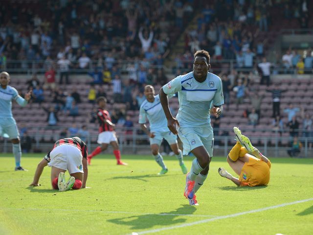 Mathieu Manset races away to celebrate Coventry's late equaliser.