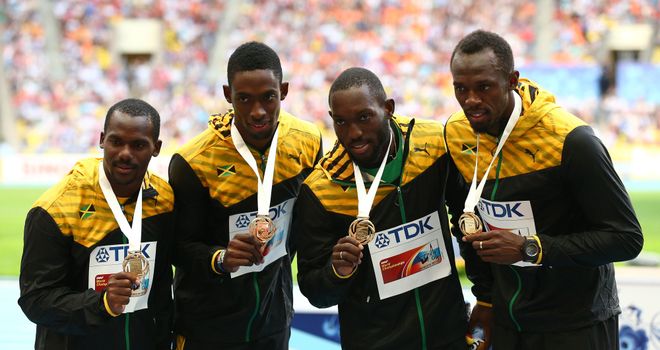 (left to right): Nickel Ashmeade, Nesta Carter, Kemar Bailey-Cole and Usain Bolt